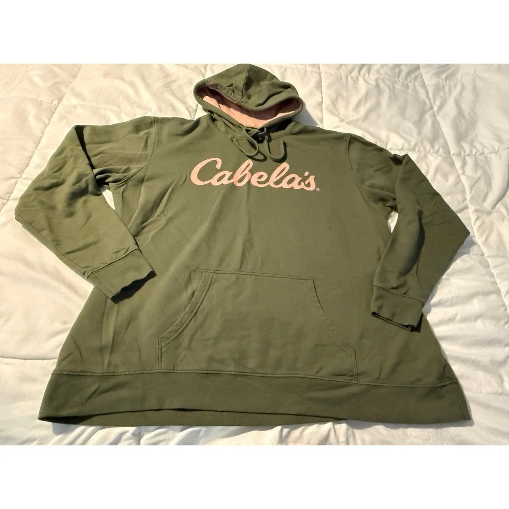 Cabela's Mens 2XL Olive Green Pullover Hoodie Pink Script Logo Fleece Sweatshirt